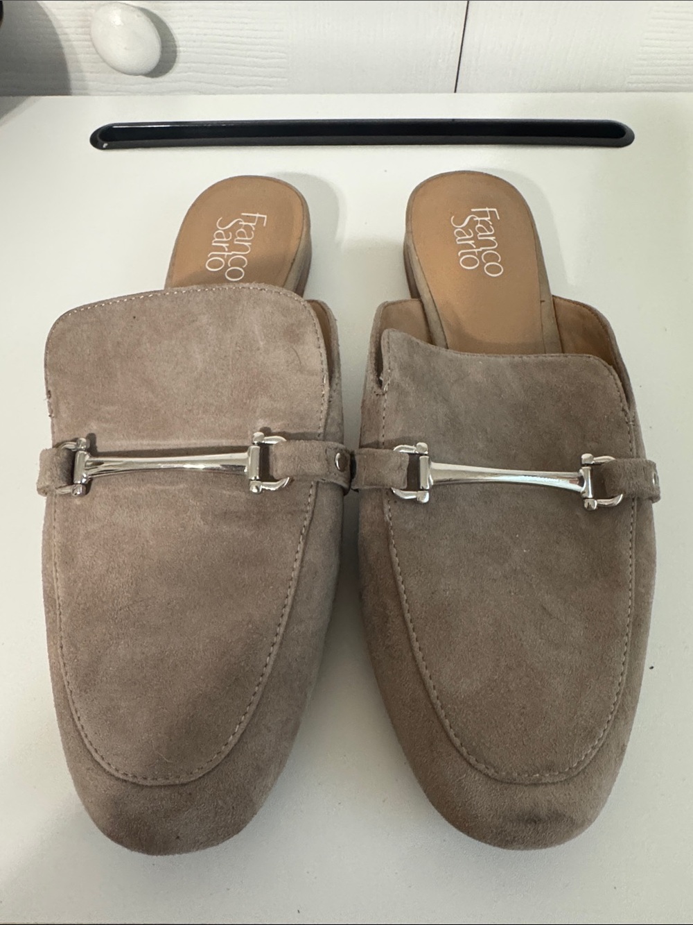 Franco Sarto Taupe Suede Slip-On Loafers with Silver Bit